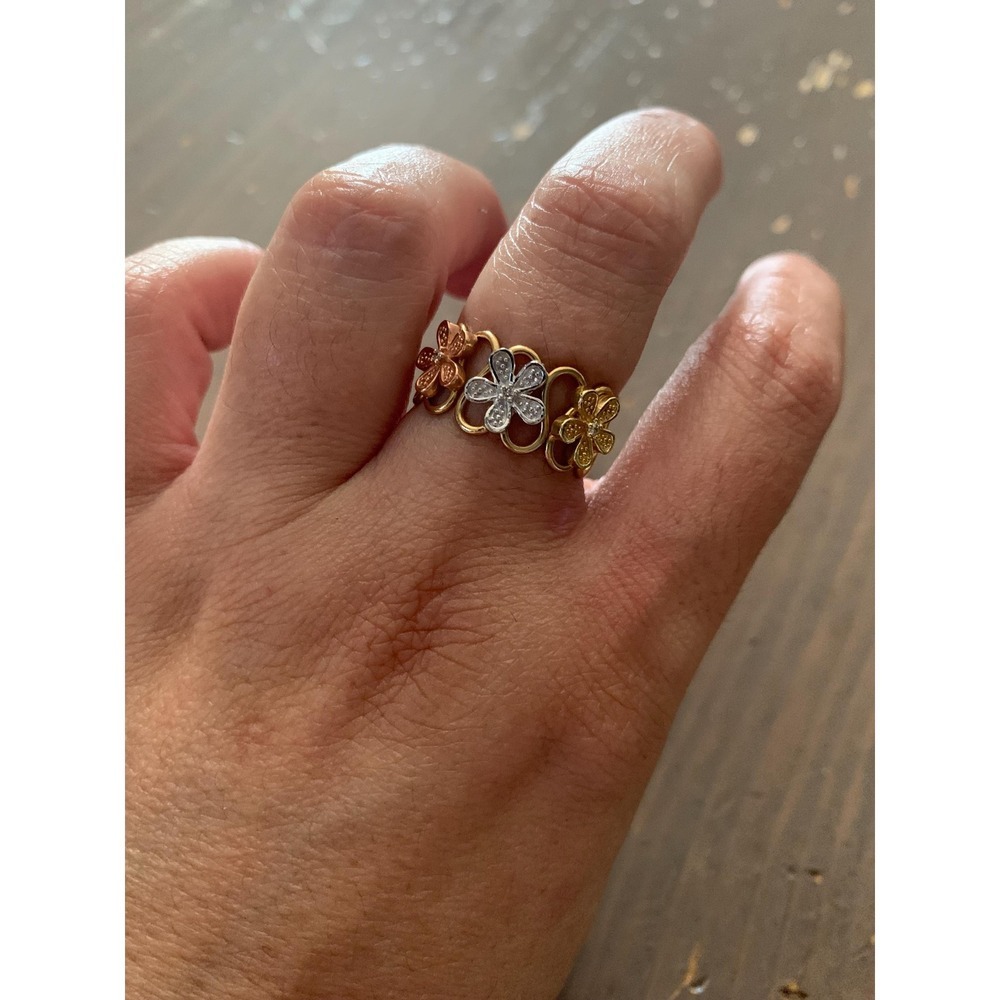 Tri colour flower wave 14k solid yellow gold ring with 3 tiny natural diamonds‎